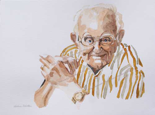 watercolor painting of Stan wearing stripped shirt by DeAnn Melton