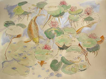 DeAnn Melton watercolor of lily pond and carp in silver light